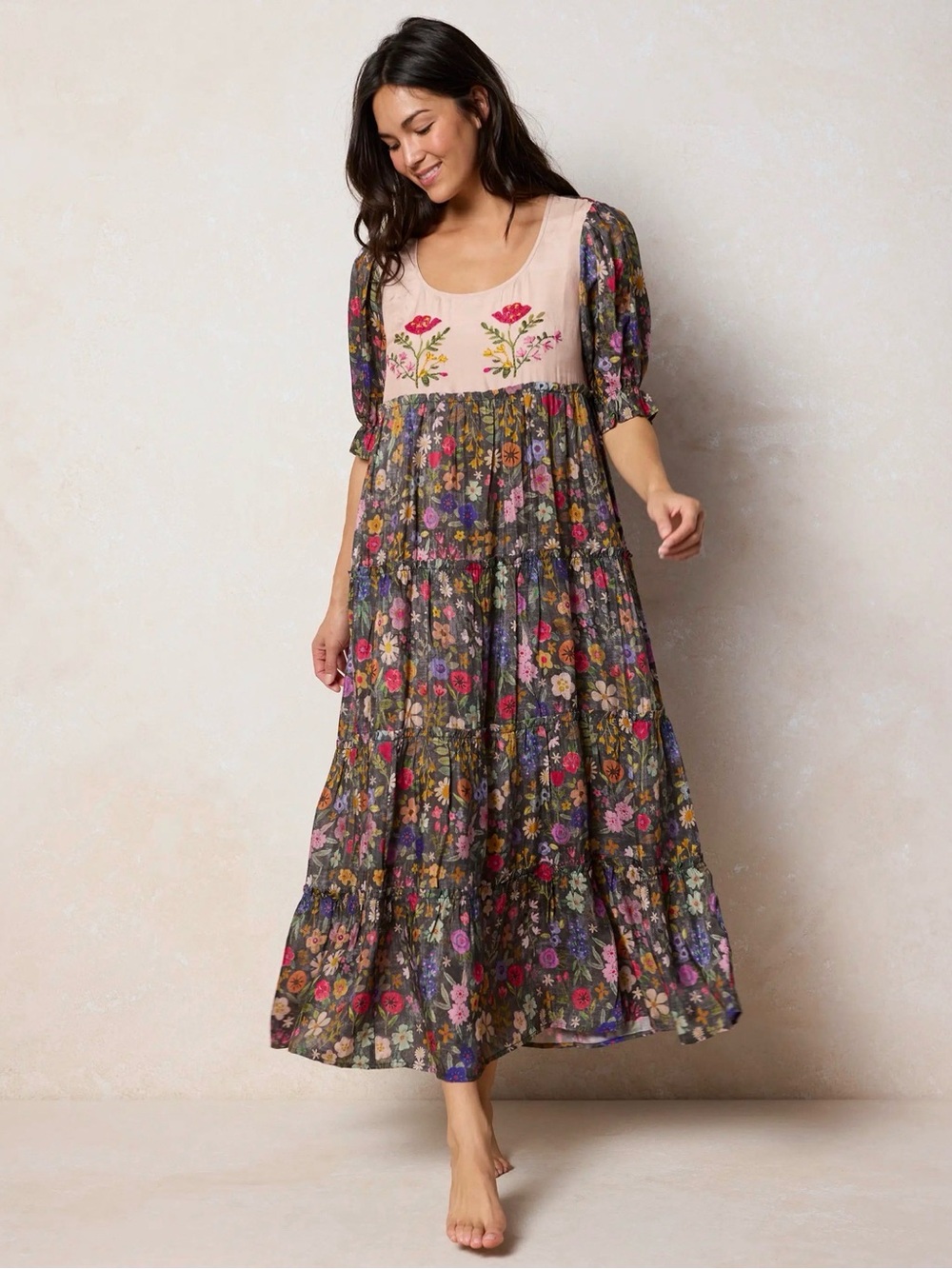 SOLD! NATURAL LIFE Pink Embroidered Yoke Floral Tiered Maxi Dress
